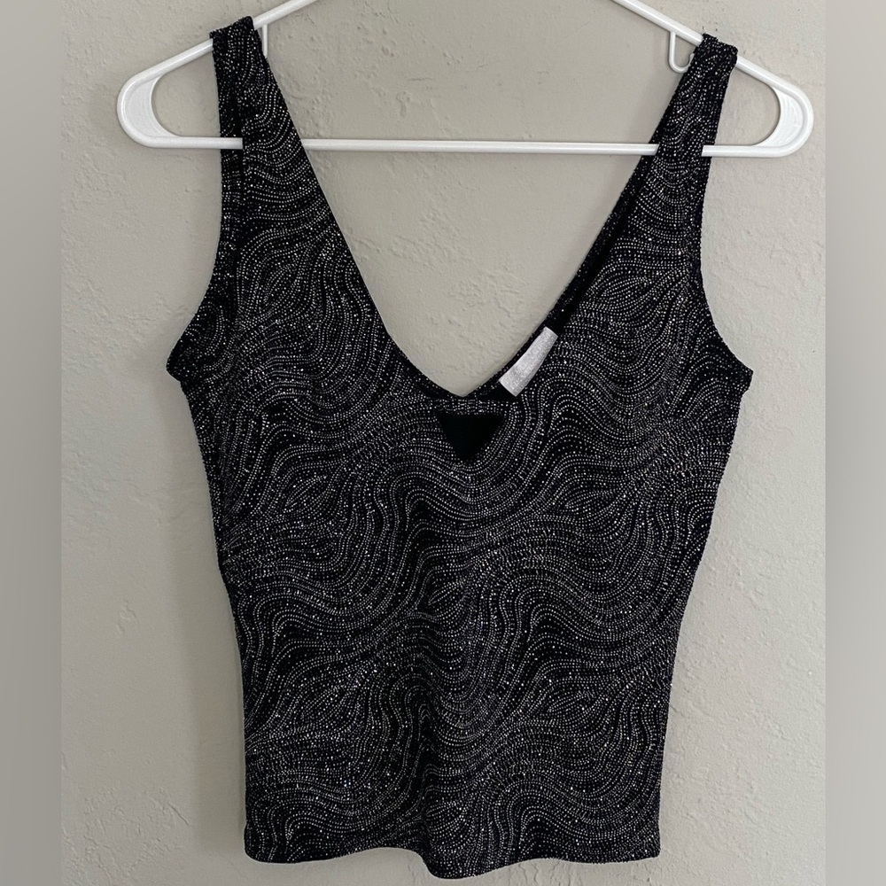 Y2K H&M Women Black Silver Sequin V-Neck Peephole Tank Top Size S